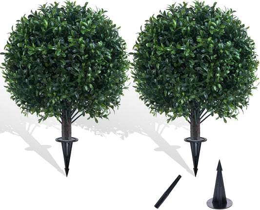 Artificial Boxwood Topiary Ball Bush for Outdoor with Spike, UV Resistant Faux Boxwood Ball Tree with Stake for Outside Set of 2, Weatherproof Round Fake Shrubs for Entryway Front Porch
