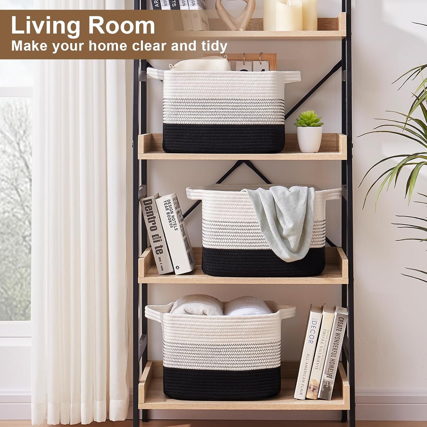 Storage Basket for Organizing, Woven Baskets for Storage, Rectangle Decorative Baskets for Shleves, Closet, Toys, Books, Nursery Organizer Bins - Pack of 3 (Gradient Black)