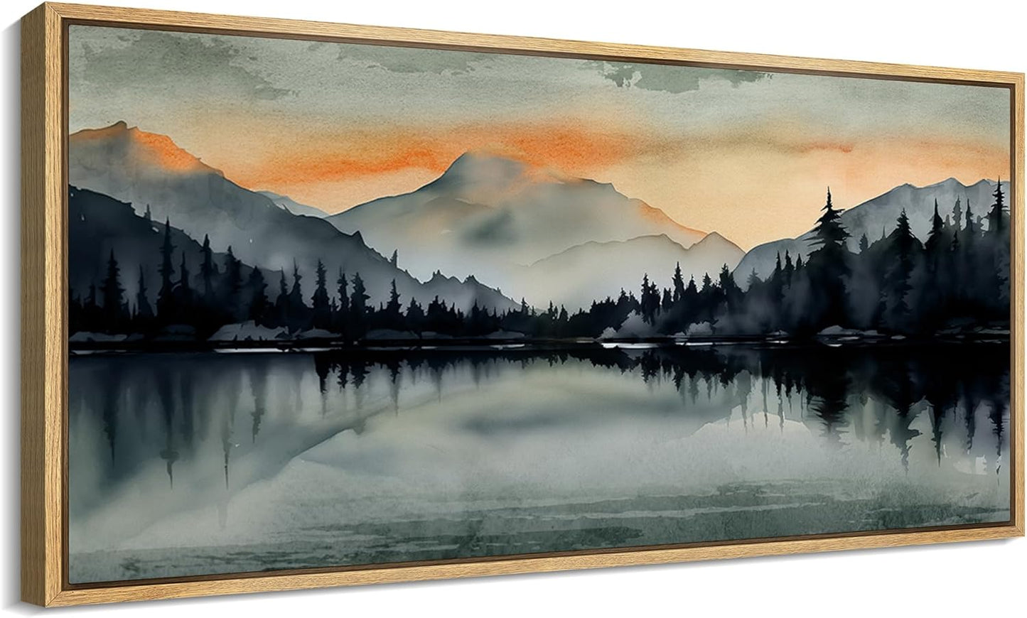 MUDECOR Extra Large Framed Canvas Print Wall Art Sunset Mountain Range and Lake Panoramic Antique Retro Fine Art Illustrations Decorative Colorful for Bedroom - 60"x30"