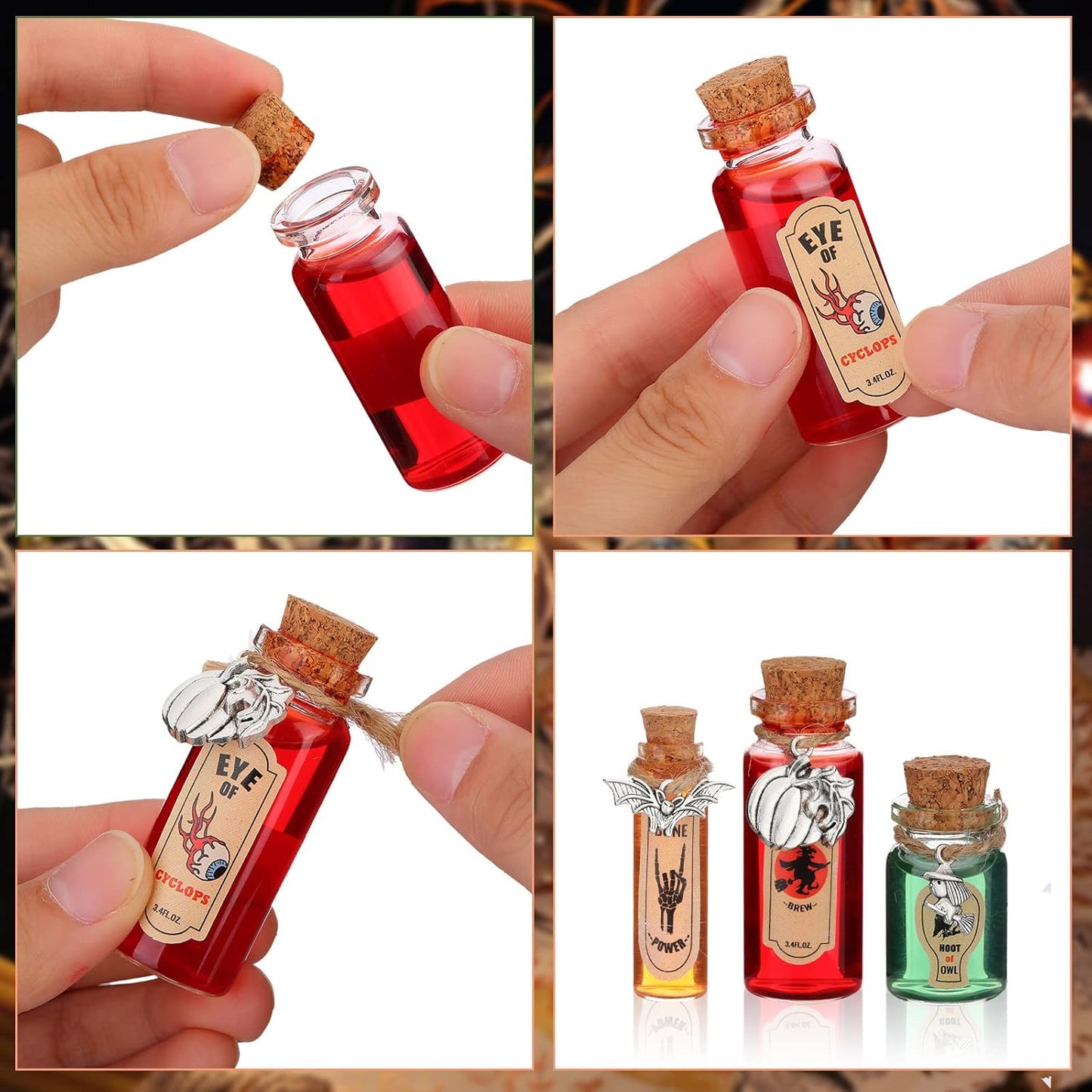 Newtay 53 Pcs Halloween Mini Potion Bottles Set Including 12 Decorative Glass Bottles with Cork Stoppers 20 Creepy Apothecary Bottle Labels Stickers 20 Charms Pendants 1 String (5/6/7/12 ML,Stylish)