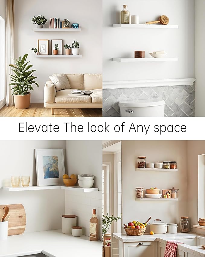 BAYKA Floating Shelves Set of 2, 22.5" Rustic Wood Wall Mounted Shelves for Bathroom, Bedroom, Living Room, Kitchen & Office, Hanging Display Shelf with 22 lbs Capacity (White)