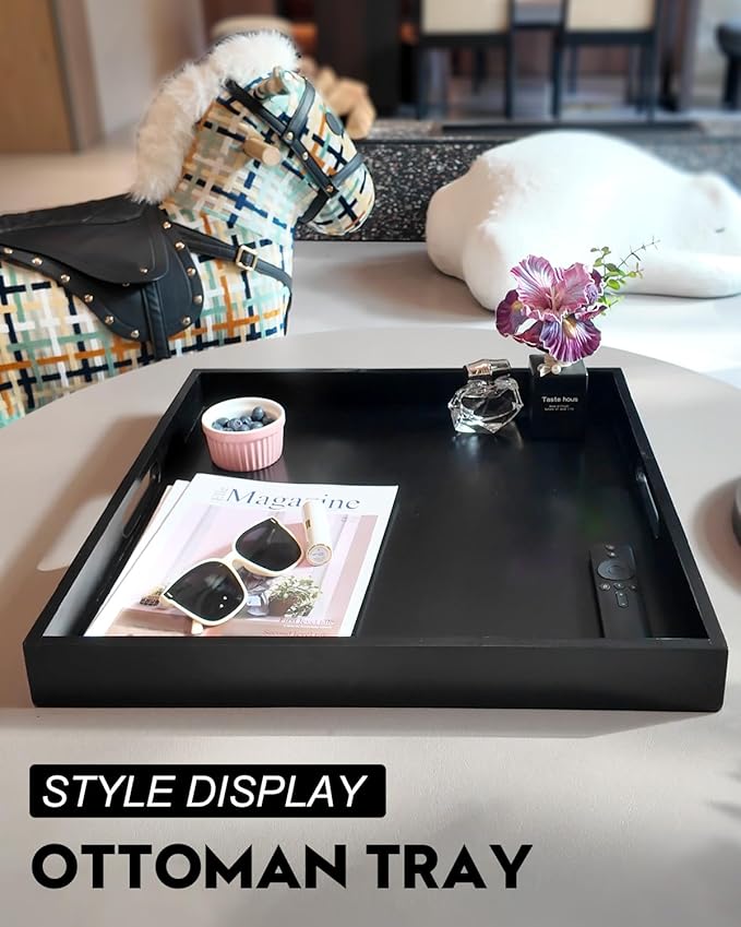 22 Inches Square Wood Ottoman Tray Black, Extra Large Wooden Serving Tray with Handles for Living Room, Serving Food Breakfast, Ottoman Coffee Table Couch Sofa Kitchen
