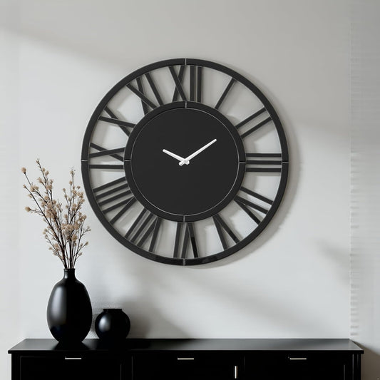 Large Wall Clock - 18" Modern Black Wall Clock with Roman Numerals, Decorative Wall Clocks for Living Room, Bedroom, Office - Easy to Hang, Silent Non-Ticking