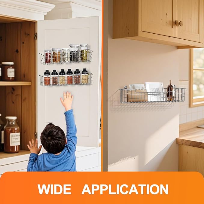 Spice Rack Wall Mount, 4-Pack Seasoning Organizer for Kitchen Storage Organization, Spice Holder Shelf Saving Space for Cabinet, RV, Pantry, Silver