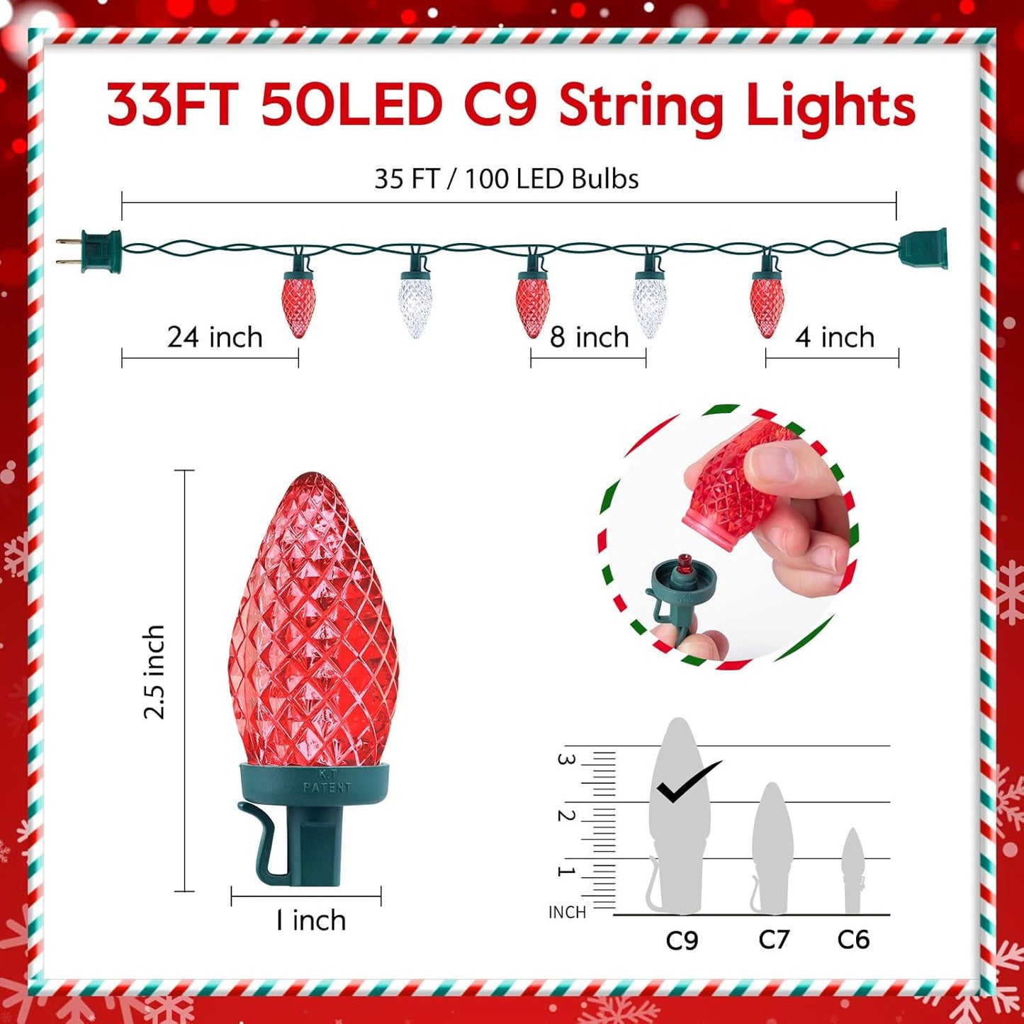 Brightown C9 LED Christmas String Lights, 33ft 50 LED Waterproof Strawberry String Lights, Extendable Green Wire Lights String for Outdoor Indoor Patio Party Decoration, Red