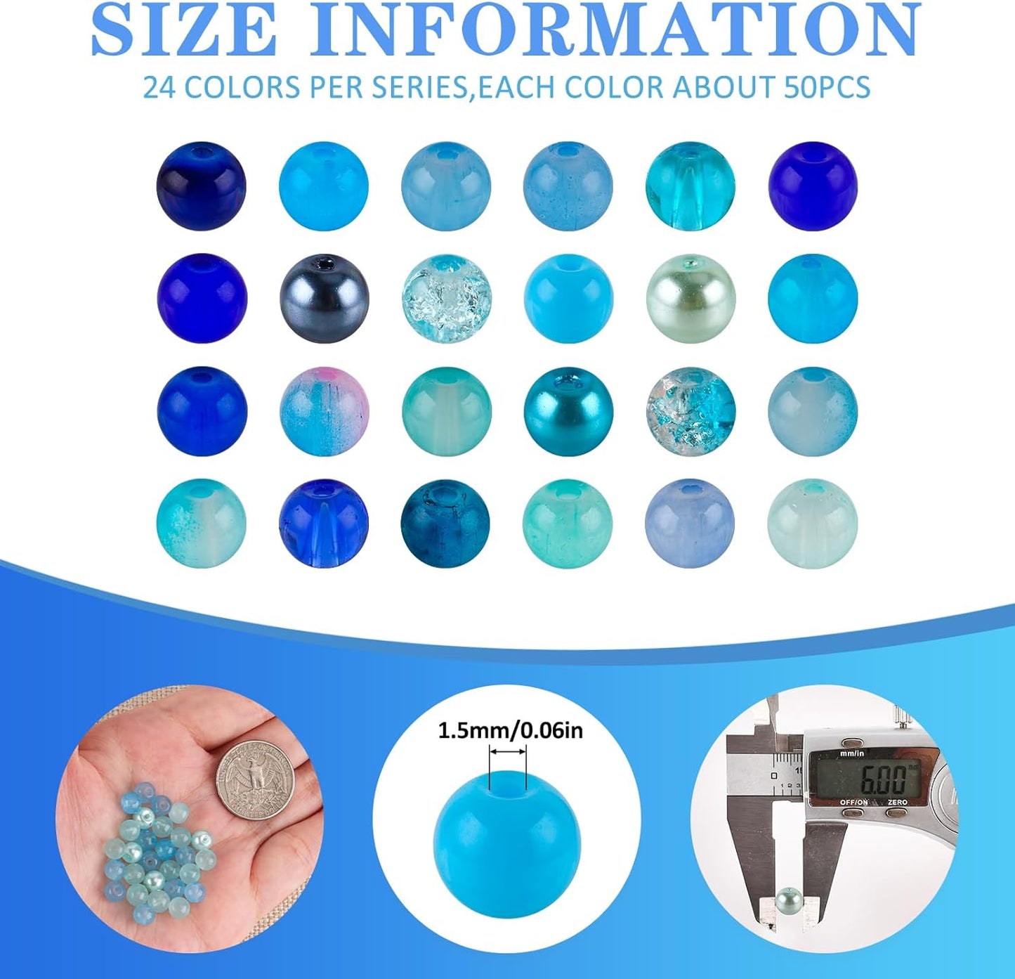 XSEINO About 1200PCS 6mm Glass Beads Bracelet Making Kit,24 Assorted Dreamy Blue Ocean Series Colorful Crystal Beads for Bracelet and Jewelry Making and DIY Crafts,Friendship Bracelets