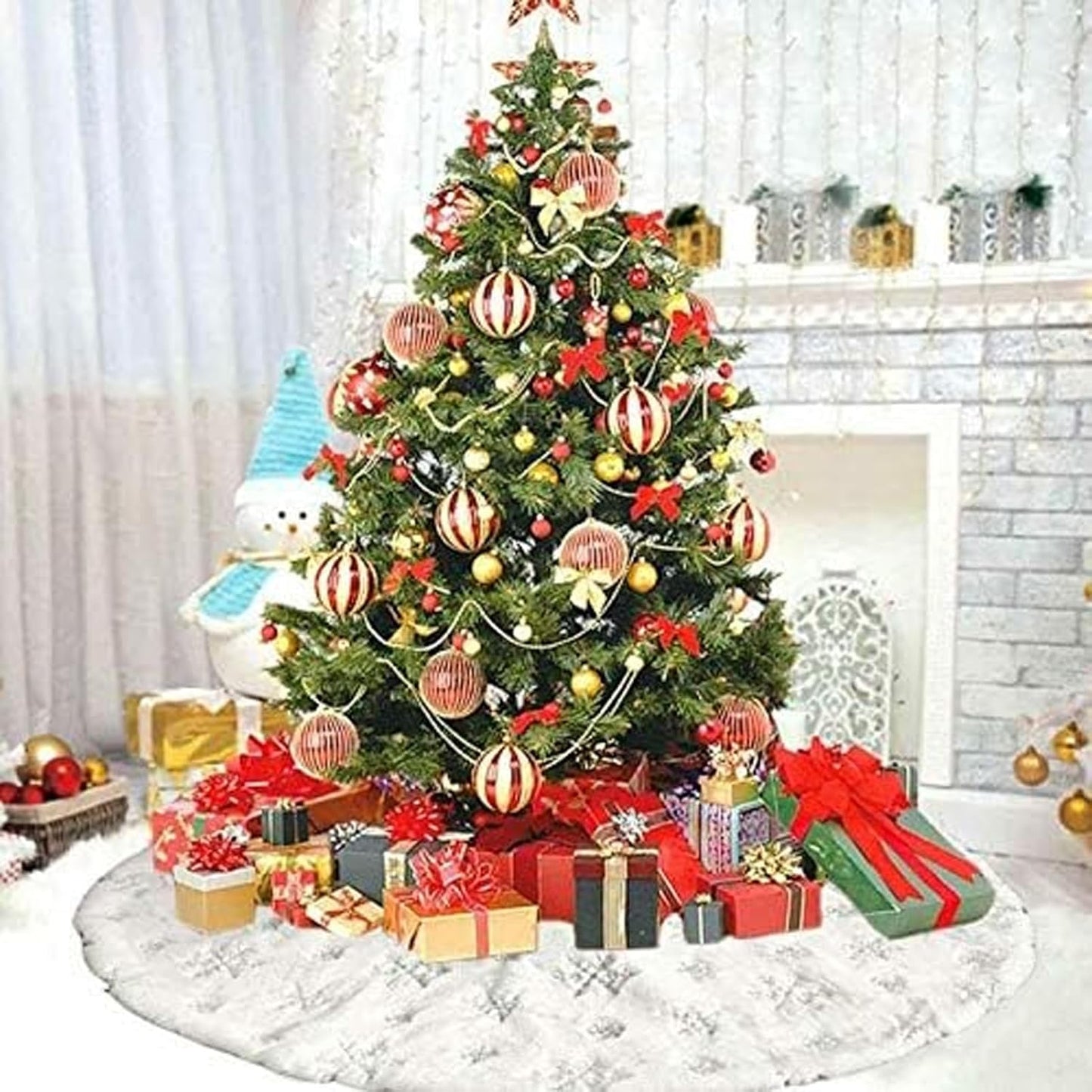 24inch White Christmas Tree Skirt Tree Carpet Blanket, Soft 2ft Xmas Christmas Tree Blanket with Silver Snowflake White Faux Fur Carpet for Christmas Holidays Decoration Party