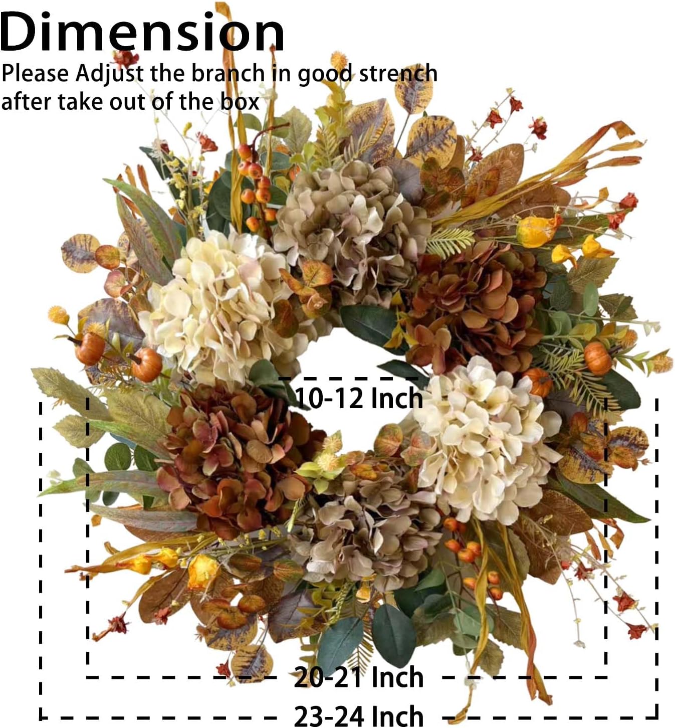 WANNA-CUL 24 Inch Fall Wreaths for Front Door with Hydrangea,Little Pumpkins-Fall Decorations for Home,Fall Door Wreath Decor for Autumn,Harvest, Halloween or Thanksgiving