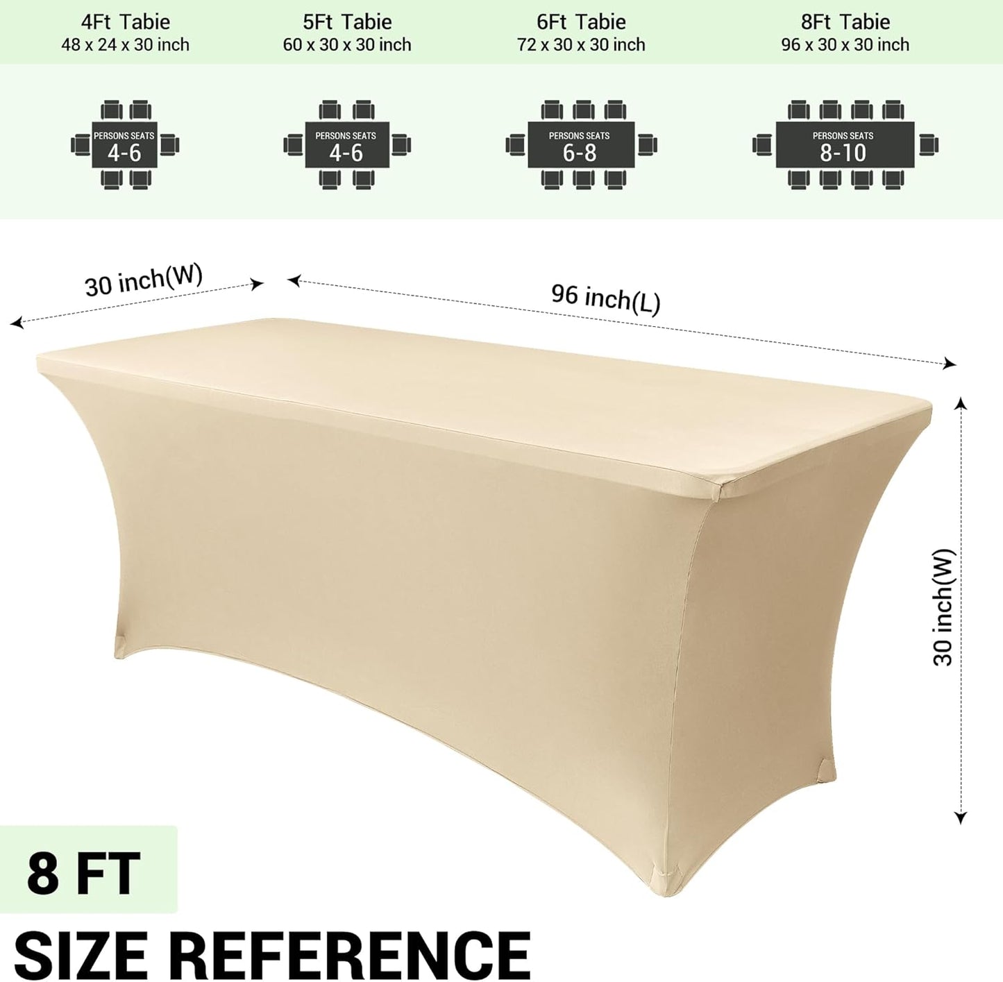 Obstal 8Ft Stretch Spandex Table Cover for Standard Folding Tables - 2 Pack Universal Rectangular Fitted Tablecloth for Party, Banquet, Events, Trade Show (Champagne, 96L x 30W x 30H Inches)