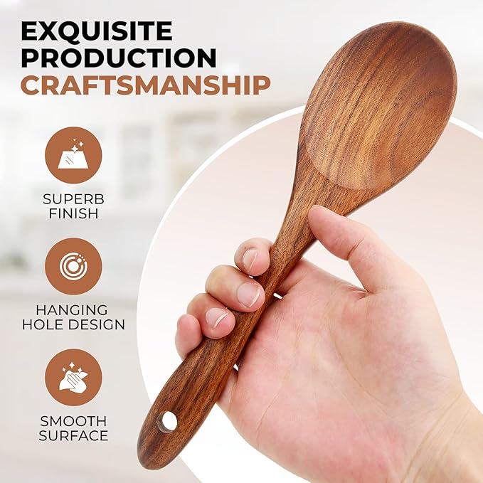SPATUAMZ Wooden Kitchen Utensils Set, Smooth Finished Wooden Spoons for Cooking, Natural Teak Cooking Utensils Set of 9 for Nonstick Pans and Cookware