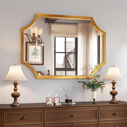 Kelly Miller Small Gold Mirror for Wall, 20"x28" Gold Bathroom Vanity Mirror Scalloped Mirror Decorative Wall Mirror Beveled for Master Bath Half Bath Living Room Bedroom Fireplace Mantle Entryway
