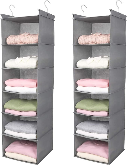 MAX Houser 6 Tier Shelf Hanging Closet Organizer, Closet Hanging Shelf with 2 Sturdy Hooks for Storage,2 Pack, Foldable (Light Grey)