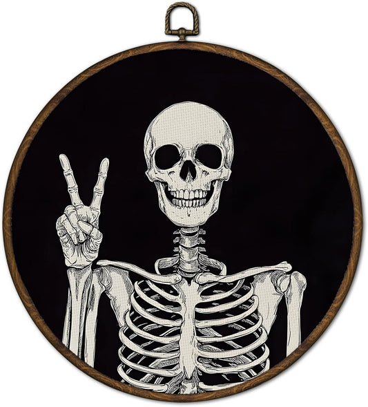 cvjutf Gothic Skeleton Wall Art Decor Framed, Dark Academia Decor, Witchy Halloween Round Wall Decor, Gothic Halloween Skull Canvas Prints Art for Gallery Bathroom Living Room, 10x10 Inch