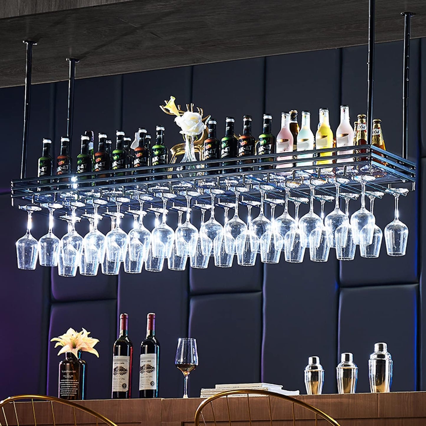 Ceiling Wine Rack&Hanging, Adjustable Hanging Wine Rack with Acrylic Board for Bar Cafe Kitche, 47''x13.8'' Iron Hanging Wine Glass Racks, Wine Bottle, Goblet Stemware Rack, Mug Rack-Black