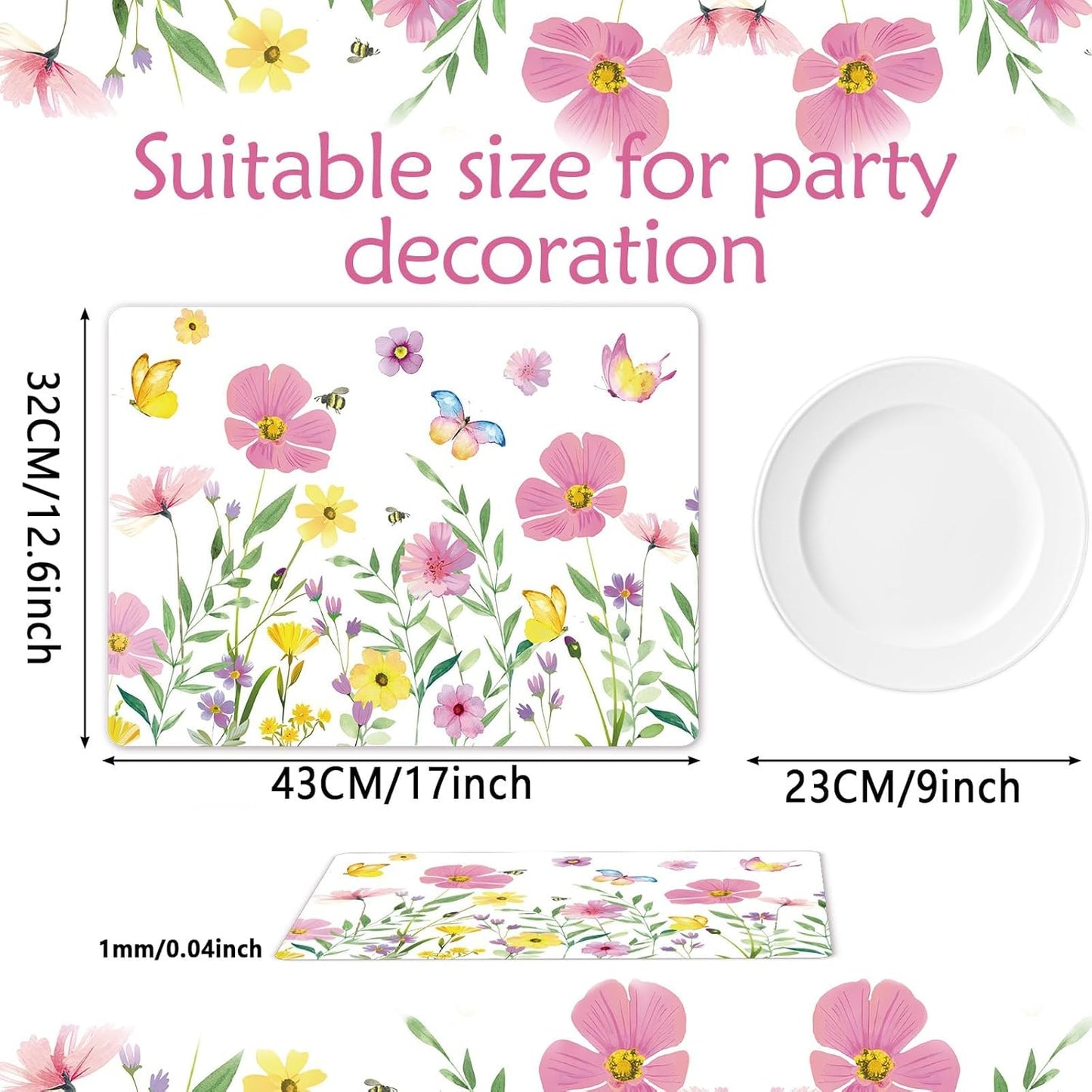 Spring Floral Butterfly Placemats Set of 6 Flower Summer Plastic Table Mats Wildflower Place Mats Washable Vinyl Rustic Holiday Table Decoration for Indoor Outdoor Party Kitchen Dining