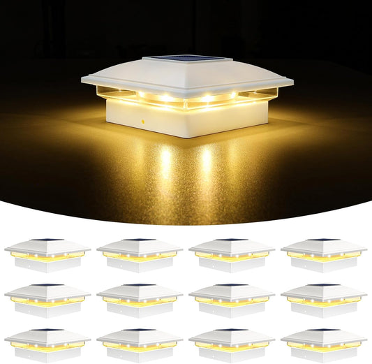 VOLISUN Solar Post Cap Light Outdoor Waterproof 12pack,Solar Fence - Post Lights for 4x4 5x5 6x6 Wooden/Vinyl Post,White Deck Cap Light Solar Powered with Warm White for Garden/Patio/Porch