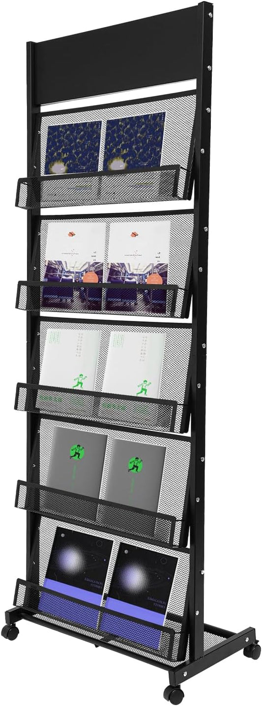 5-Tier Magazine Rack Floor Standing Brochure Display Stand with Universal Wheels & Brakes Metal Magazine Display Rack for Office, Shop
