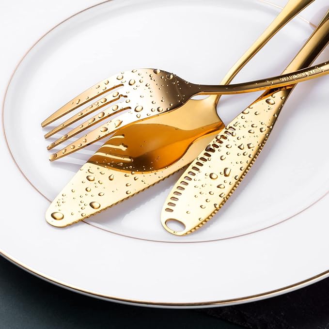Gold Serving Utensils, OGORI 15-Piece Stainless Steel Gold Serving Utensils Set Include Serving Spoons, Slotted Serving Spoons, Serving Tongs, Serving Forks, Butter Knife, Soup Ladle, Pie Server
