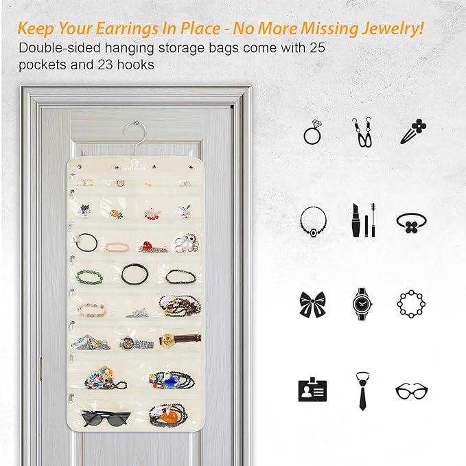 Freegrace Hanging Jewelry Organizer Revolving Hanger - Secure Zipper Closure - 25 Pockets,23 Hooks - Foldable Storage & Display Solution - For All Jewelry & Bijoux (Beige)