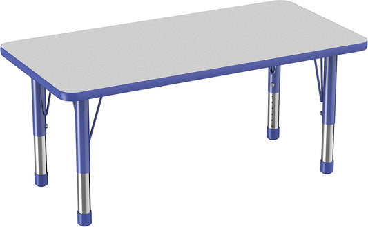 FDP Rectangle Activity School and Kids Classroom Table (24 x 48 inch), Toddler Legs, Adjustable Height 15-24 inches - Gray Top and Blue Edge