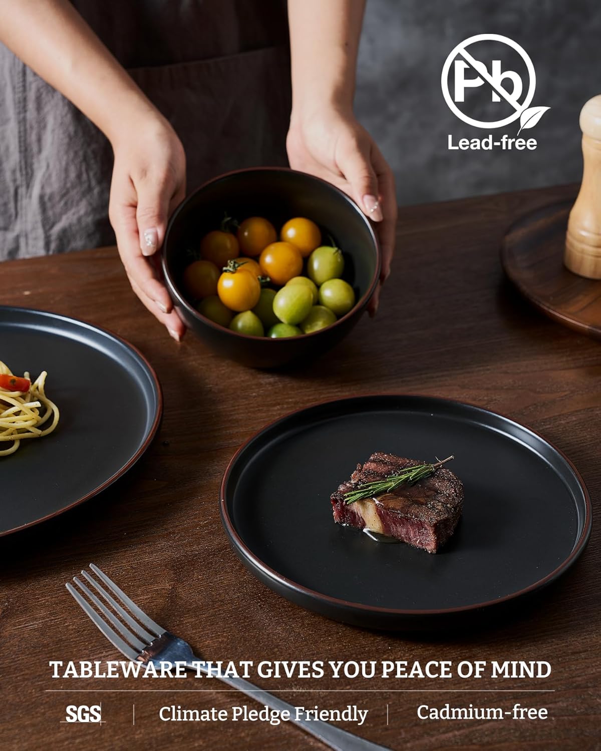 Famiware Mercury Plates and Bowls Sets, 12 Pieces Stoneware Dinnerware Sets, Dishes Set for 4, Microwave and Dishwasher Safe, Black