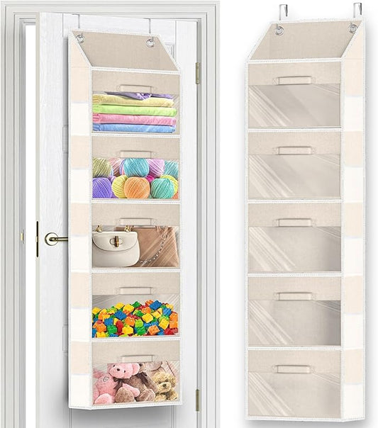 Over the Door Organizer with Drawers, 5 Tier Hanging Storage with Removable Bins & 10 Side Pockets, Over Door Closet Organizer for Baby Items, Yarn, Bed Sheets, Clothes, Toys, Towels – Beige