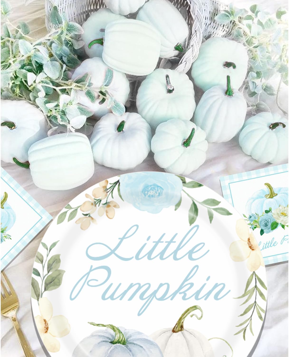 Aukolass Pumpkin Party Supplies Tableware Set - Fall Theme Party Decorations Including Plates, Napkins and Cups for Pumpkin Birthday and Baby Shower Party, Serves 24 Guests (blue)