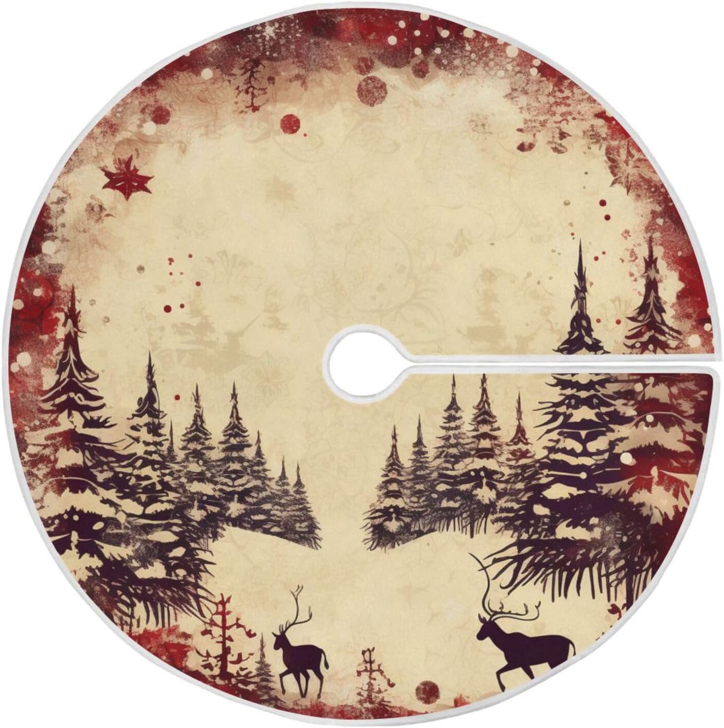 Vintage Red Elk Christmas Tree Skirt - 48 Inch Xmas Tree Mat for New Year Party Decorations