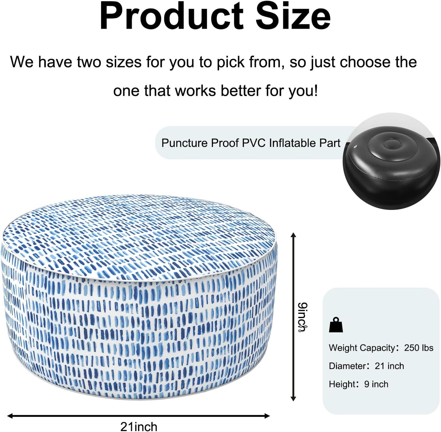 Inflatable Ottoman Stool D21 xH9 for Outdoor/Indoor Use, Water Repellent Patio Foot Rest Stool with Portable Handle,Round Pouf Ottoman Suitable for Garden,Deck and Camping - Pebble Blue