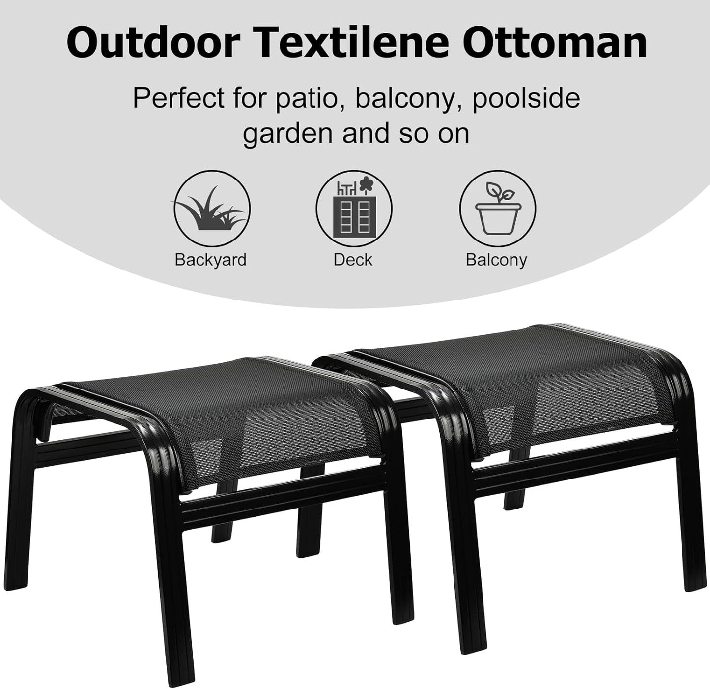 Patio Footstools Outdoor Foot Rest Aluminum Patio Ottomans Portable Seat Wicker Furniture Stackable Ottoman 2 Pieces Black