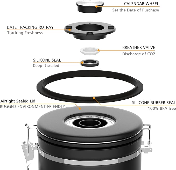 Coffee canister set for ground coffee with Date Tracker Travel Coffee jar,Stainless Steel Kitchen Food Airtight storage container for Coffee Beans or Grounds,Tea,Sugar (22oz-Black)