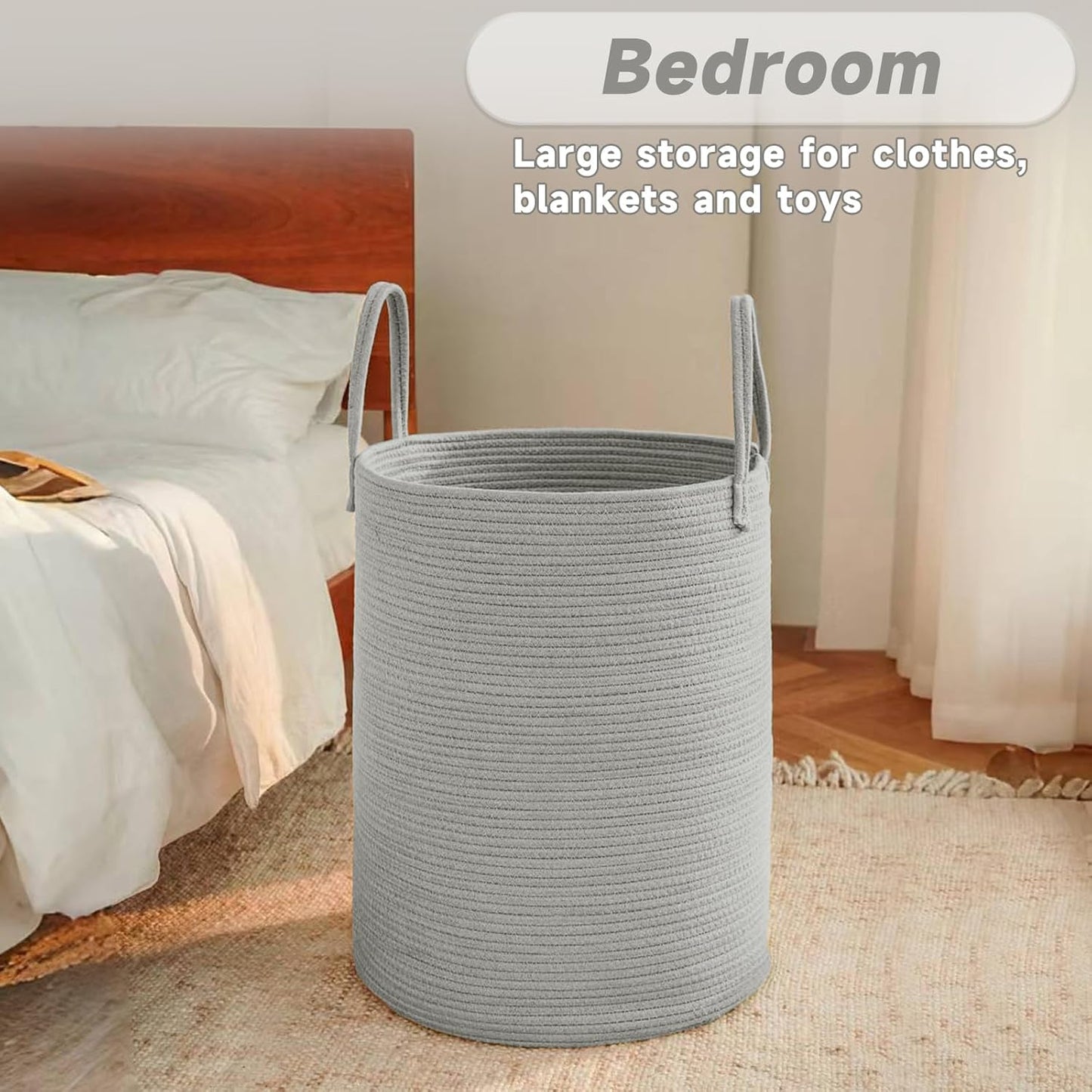 Large Woven Laundry Basket Hamper,80L Cotton Rope Storage Bin for Blankets,Toys and Clothes,Decorative Tall Nursery Hamper for Living Room,Baby Nursery,Bathroom and Bedroom,Grey