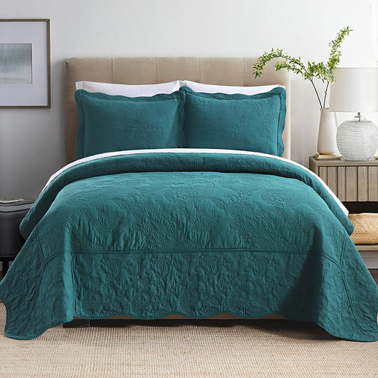 Cotton Bedspread Quilt Sets, Real Patchwork Bedding Sets with Luxury Floral Paisley Pattern, 3 Pieces Reversible Soft Lightweight Coverlet for All Season, Turquoise, King Size