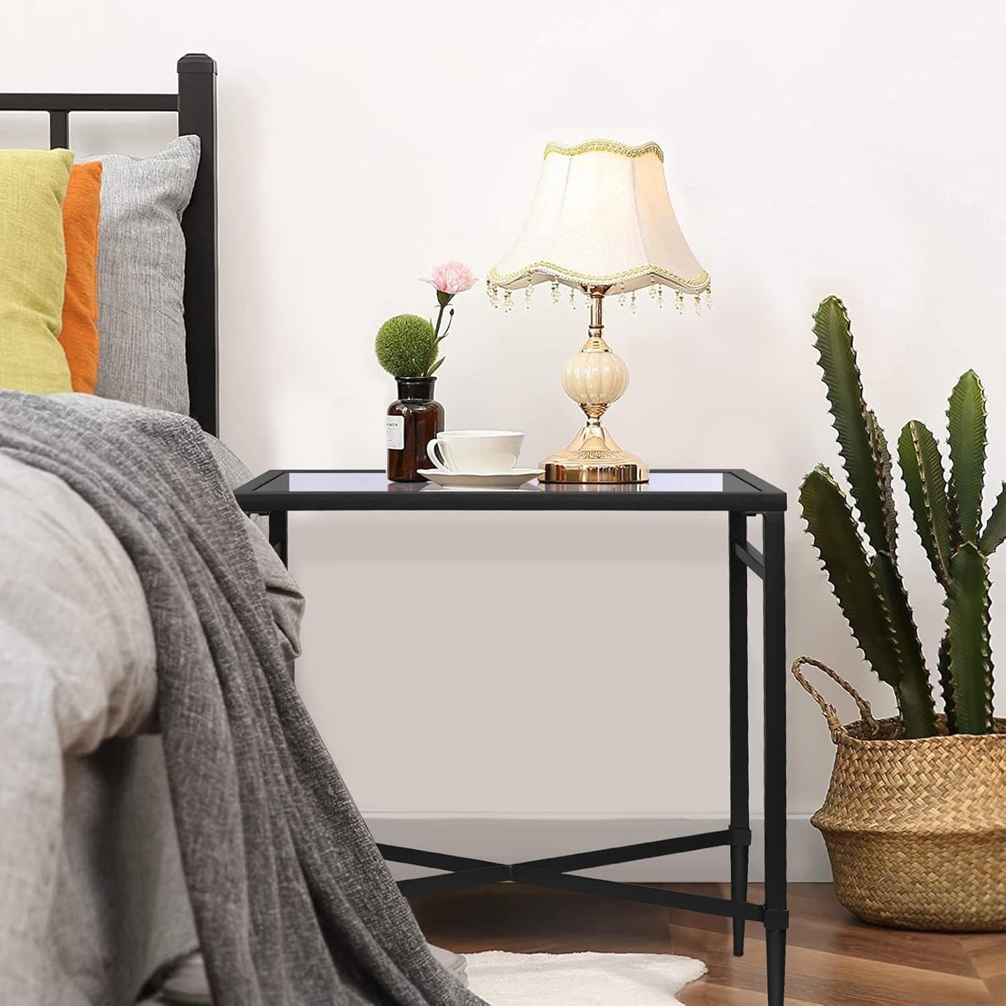 Black End Table, Rectangle Side Table with Mirrored Top, Modern Metal End Table, Small Narrow Side Table for Living Room, Balcony, 22" L x 12.4" W x 24" D