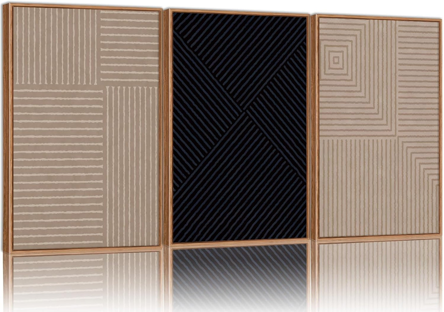 Tinonedraw Mid Century Modern Framed Canvas Wall Art Set of 3, Neutral Abstract Art Prints, Black and Brown Geometric Minimalist Wall Decor for Living Room Bedroom Office Dining Room 16"x24"x3