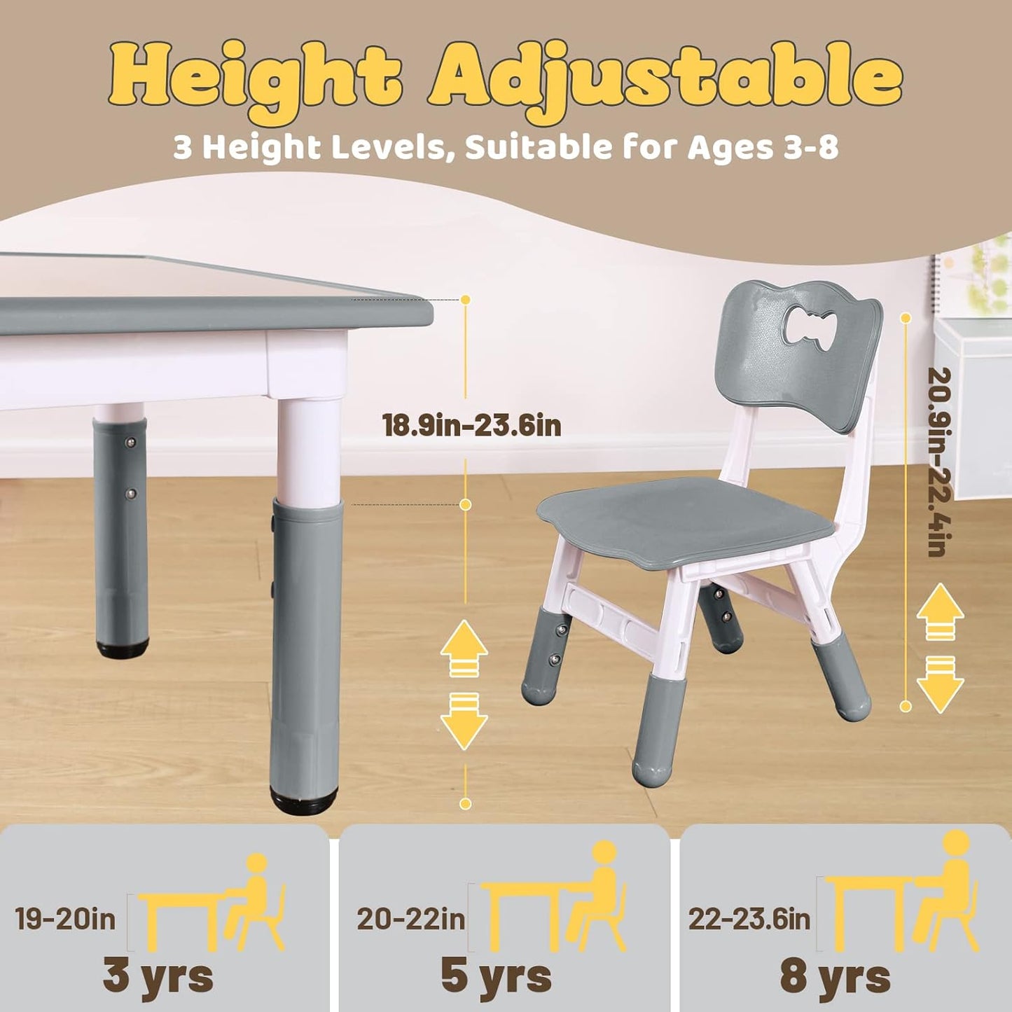 FUNLIO Kids Table and 4 Chairs Set, Height Adjustable Toddler Table and Chair Set for Ages 3-8, Easy to Wipe Arts & Crafts Table, for Classrooms/Daycares/Homes, CPC & CE Approved (5-Piece Set) - Gray
