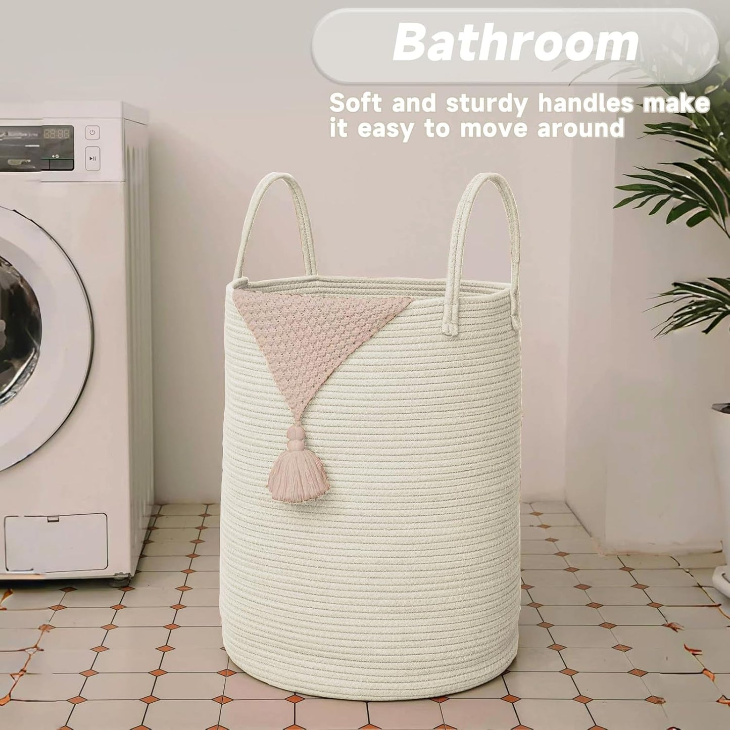 Large Woven Laundry Basket Hamper,60L Cotton Rope Storage Bin for Blankets,Toys and Clothes,Decorative Tall Nursery Hamper for Living Room,Baby Nursery,Bathroom and Bedroom,White