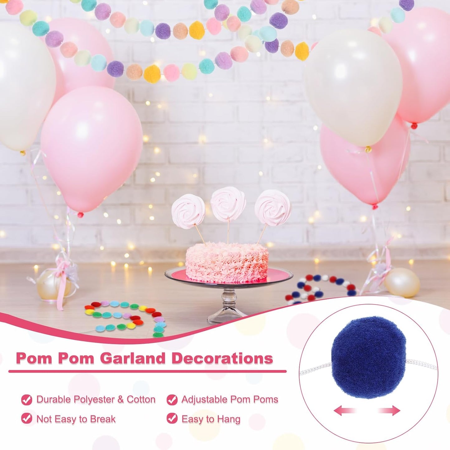 PATIKIL 13Ft Pom Pom Garland Decorations, 2Pcs Colorful Felt Ball Garland Banner Cute Rainbow Pompom Hanging Decorations for Tree Ornaments Homes Decor, White/Blue Series