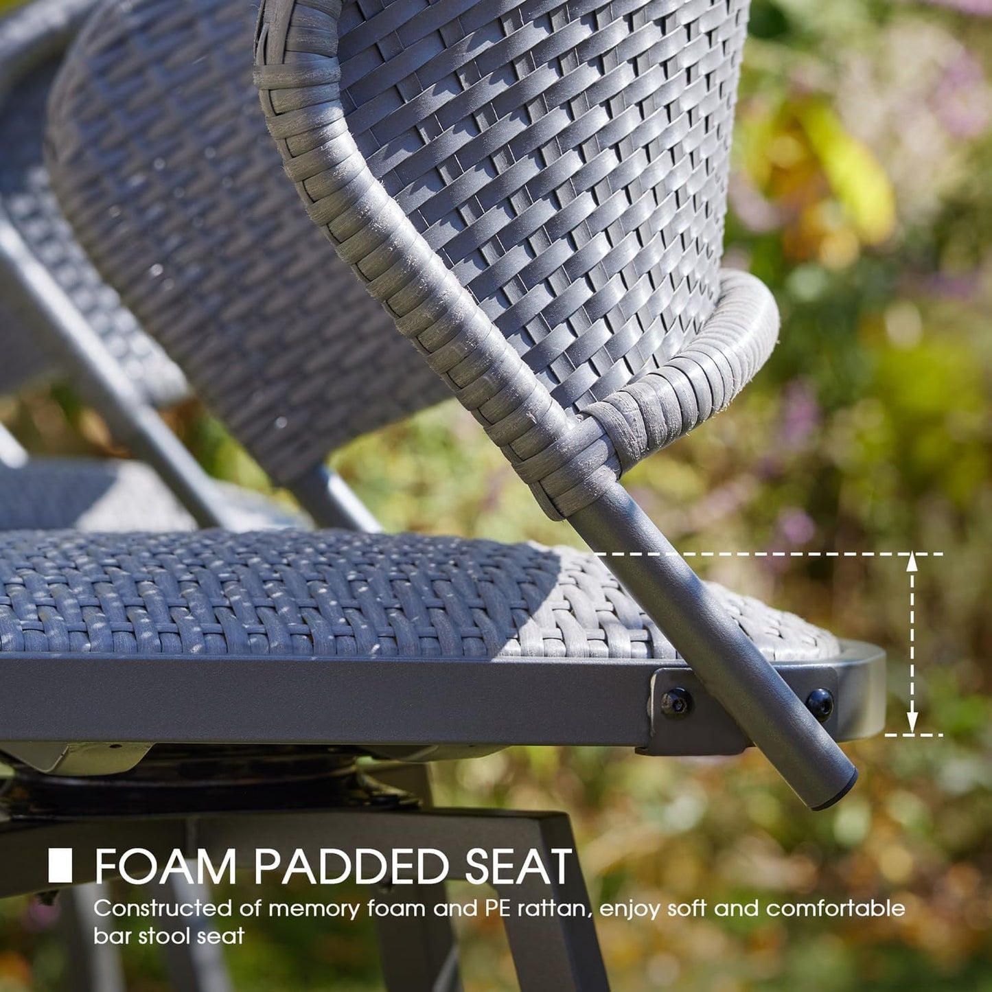 VICLLAX Patio Bar Stool Chairs with Footrests and Padded Seat, Bar Height Swivel Patio Chairs Set of 6, Woven Wicker Swivel Bar Stools for Lawn Garden, Grey