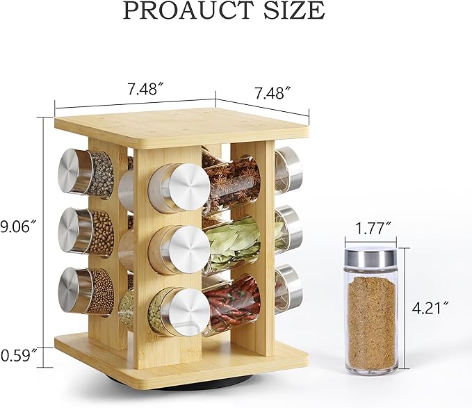 WelFurGeer Bamboo Spice Rack Organizer for Countertop, Revolving Spice Shelf with 12 Glass Jars, Lids & Labels, Desktop Rotating Seasoning Organizer for Kitchens, Space-Saving Design