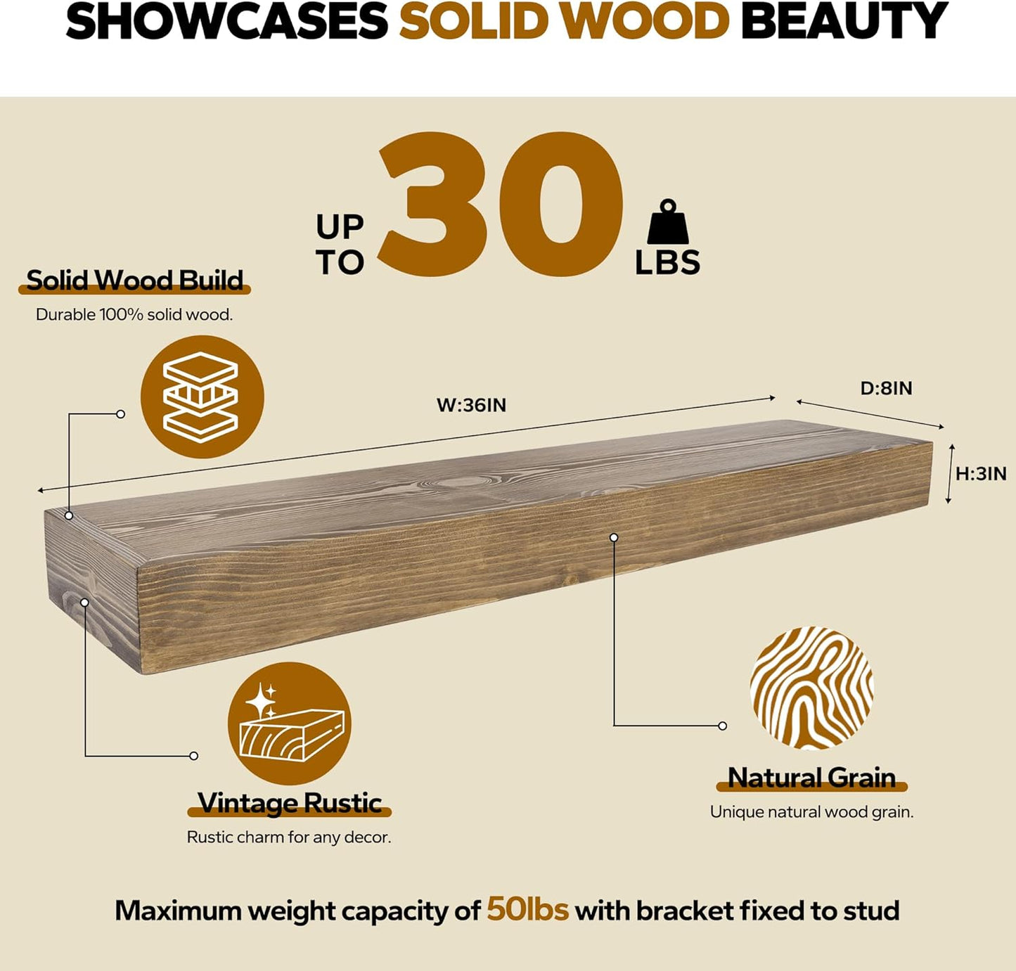 Floating Shelves 3 inch Thick for Wall Set of 2,Solid Pine Wood Wall Mount Shelf for Kitchen Living Room Bedroom Bathroom,8" D x 36" L x 3" H-Black Walnut