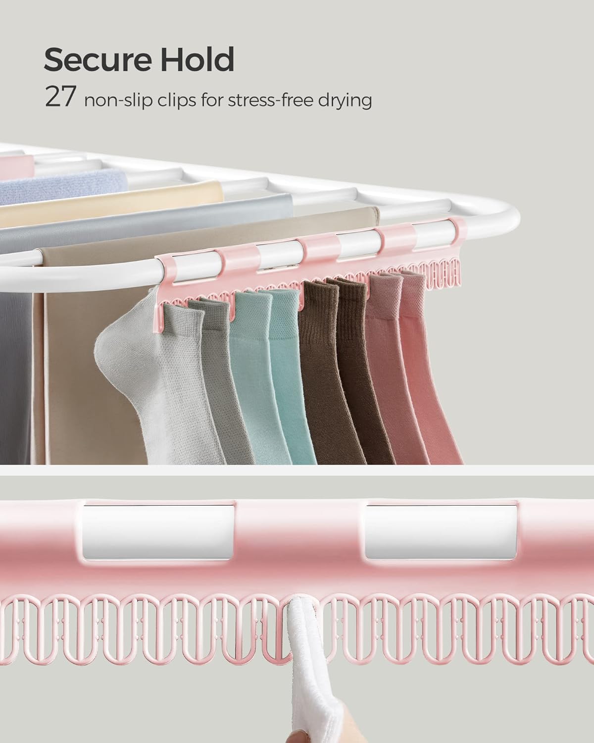 SONGMICS Clothes Drying Rack, Foldable 2-Level Laundry Drying Rack, Free-Standing Laundry Airer, with Height-Adjustable Wings, 33 Drying Rails, Sock Clips, White and Pink ULLR053P01V1