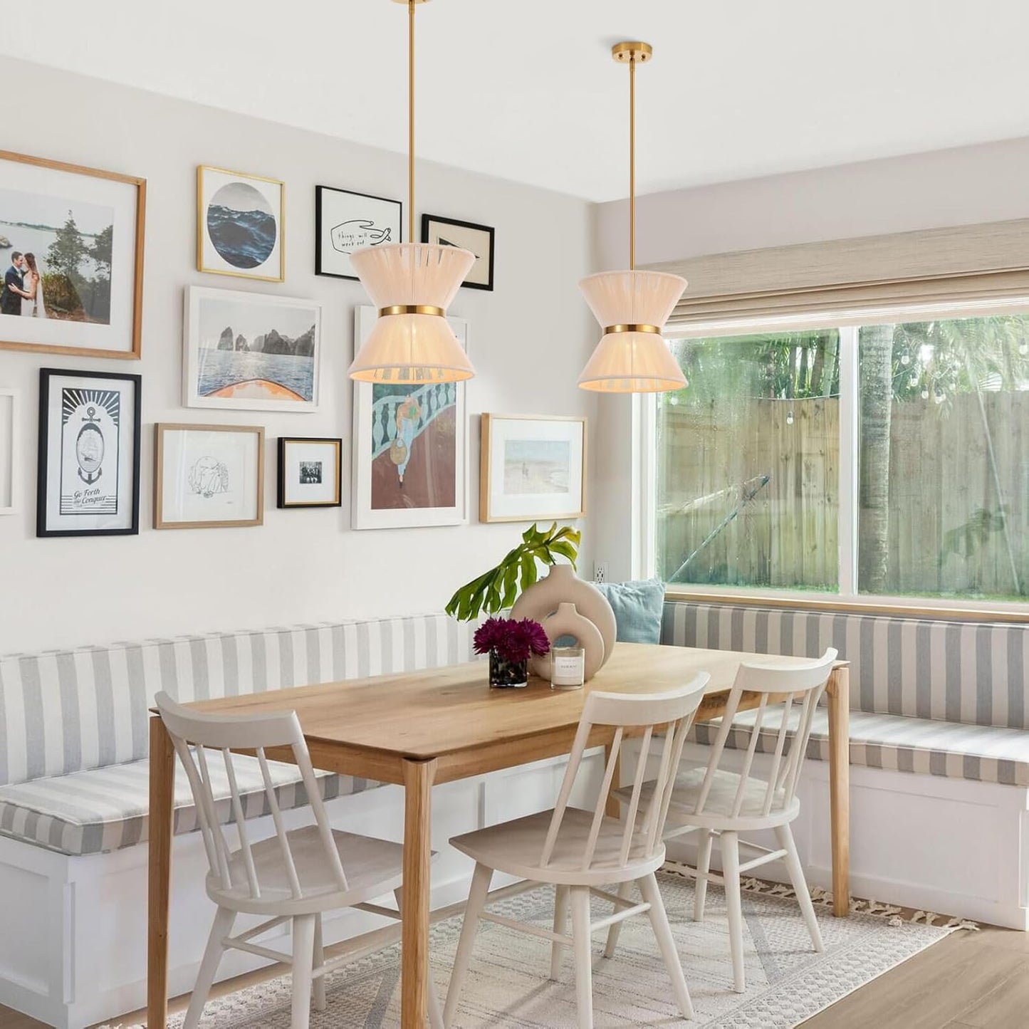 Hand Woven Boho Pendant Light Coastal Mini Modern Chandelier Adjustable Transitional Minimalist Pendant Lighting Fixtures for Kitchen Island Dining Room, White, Dia 12.2”, UL Listed