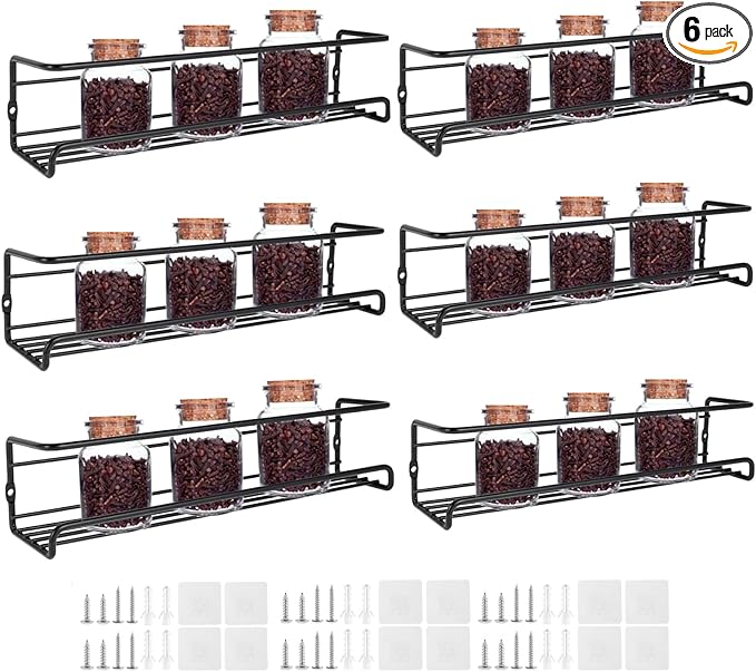 Spice Rack Organiser Hanging Spice Shelves Carbon Steel Wall Mount Spice Rack Kitchen Storage Racks Storage Spices and Condiments Spice Jars for Kitchen Cabinet Cupboard Pantry Door (6)