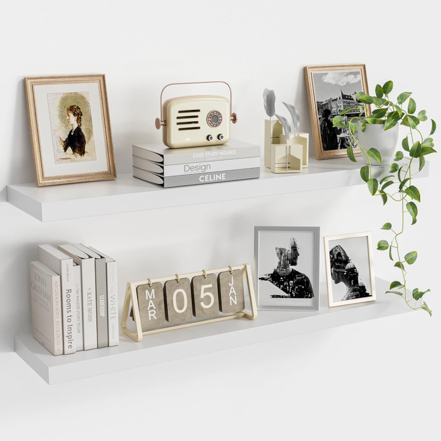 Floating Wood Shelves for Wall 36 Inches x 8”x 1.4” Shelf Floating Home Decor, Heavy Duty Shelf Hold 80 lbs, Wall Shelves for Bathroom Living Room Kitchen Bedroom Office - Set of 2 White