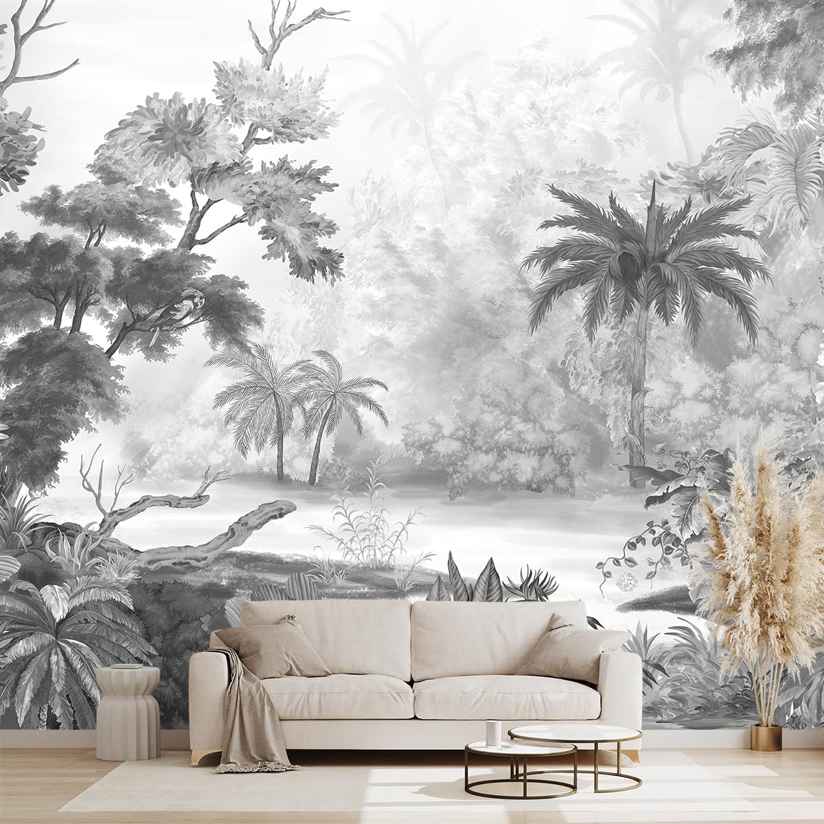 Grey Tropical Rainforest Plant wallpeper Living Room Bedroom Jungle Botanical Wall Mural - 137"x96"（Not Peel and Stick）