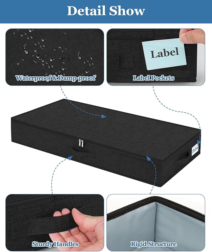 Cirhy Under Bed Storage Containers, 4.5 Inch Tall Low Profile Under Bed Storage with Sturdy Sidewalls & Bottom, UnderBed Storage for Clothes,Shoes, Pillow, Blankets Organizer, 2 Pack Black