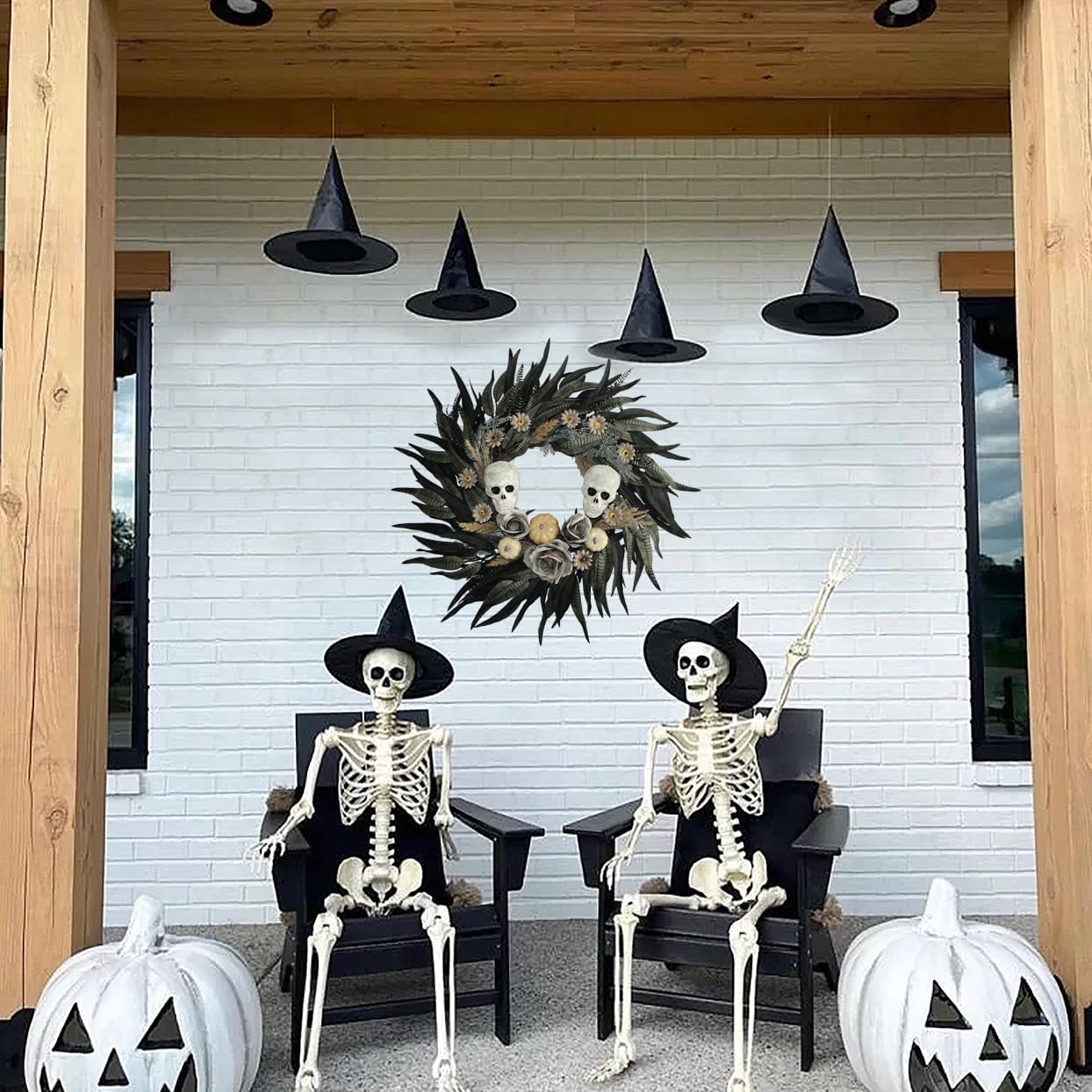 24" Snakeskin Leaves Halloween Wreaths for Front Door with Skulls Flowers and Pumpkins - Gothic Party Black Halloween Porch Wall Door Decor