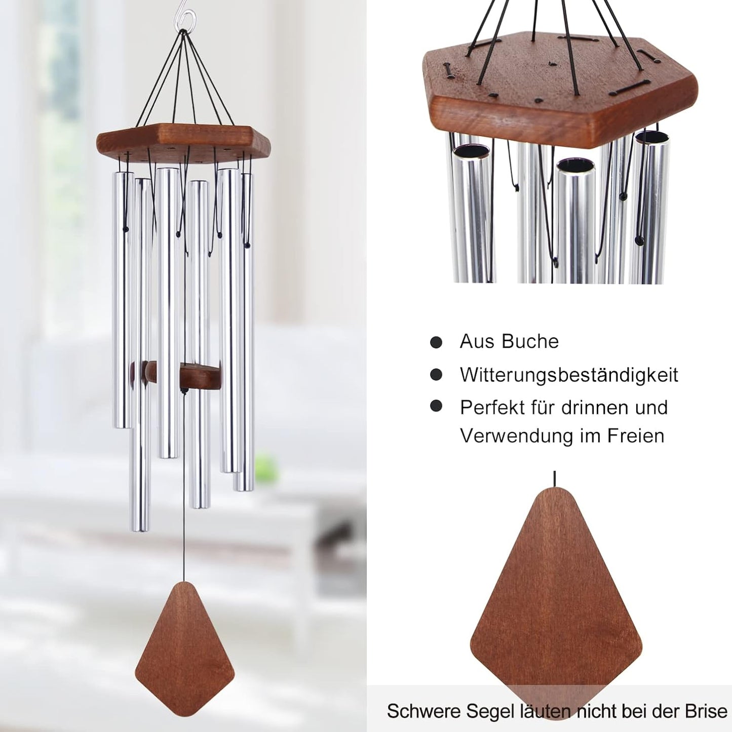 ASTARIN Memorial Wind Chimes for Outside, 30'' Deep Tone, Sympathy Wind-Chime Personalized with 6 Tuned Tubes, Elegant Chime for Garden Patio Balcony and Home Silver