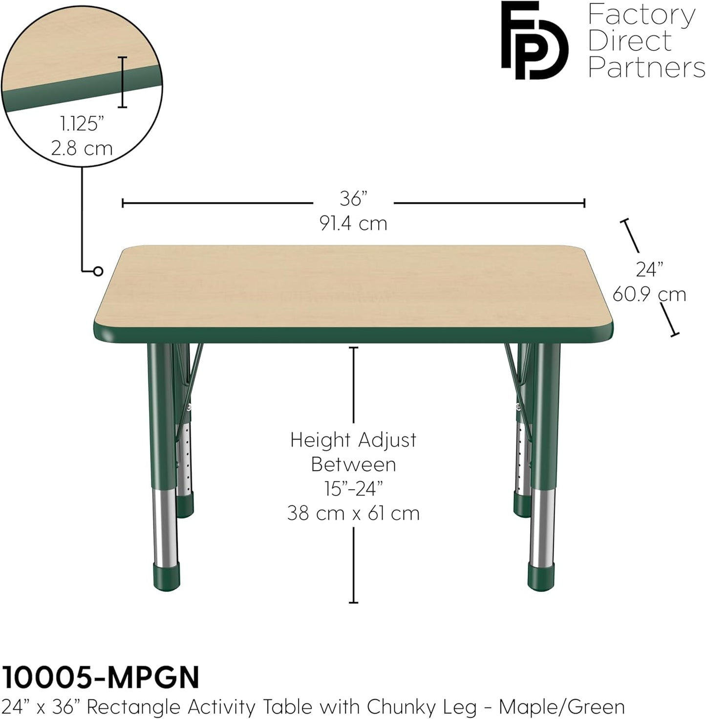 Factory Direct Partners FDP Rectangle Activity School and Classroom Kids Table (24 x 36 inch), Chunky Toddler Leg, Adjustable Height 15-24 inches - Maple Top and Green Edge